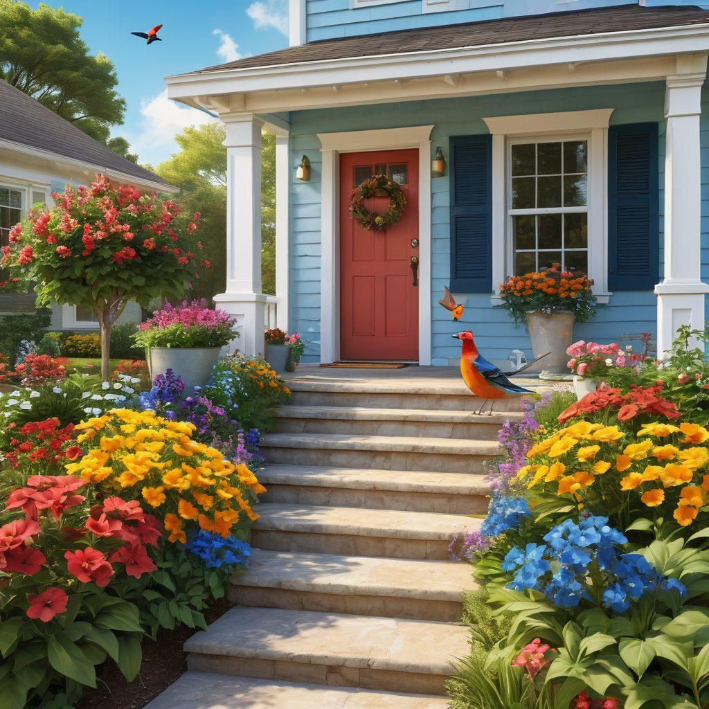 An inviting, sunny home with vibrant flowers lining a cozy pathway leading to the front door, symbolizing happiness and comfort. Include a cheerful family waving from the porch, with a bright blue sky above and colorful birds flying by. Incorporate elements of a digital interface subtly in the corner to represent navigating Woningnet. super-realistic. vibrant colors. warm and welcoming atmosphere.