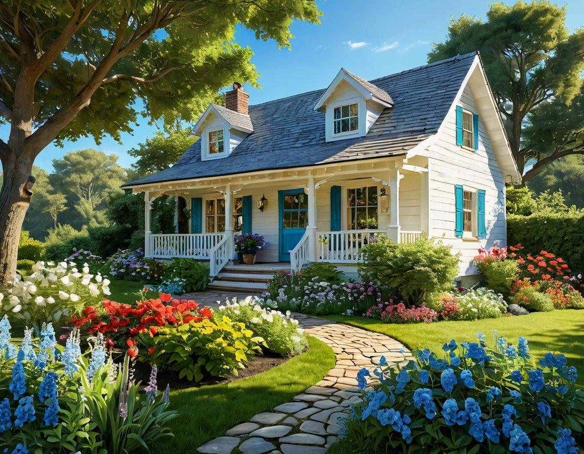 A serene landscape featuring a charming, sunlit cottage surrounded by lush greenery and blooming flowers, symbolizing the essence of blissful living. Include a peaceful garden with a cozy seating area, and a clear blue sky above, exuding warmth and tranquility. Emphasize vibrant colors to evoke feelings of happiness and contentment. super-realistic. vibrant colors. peaceful ambiance.
