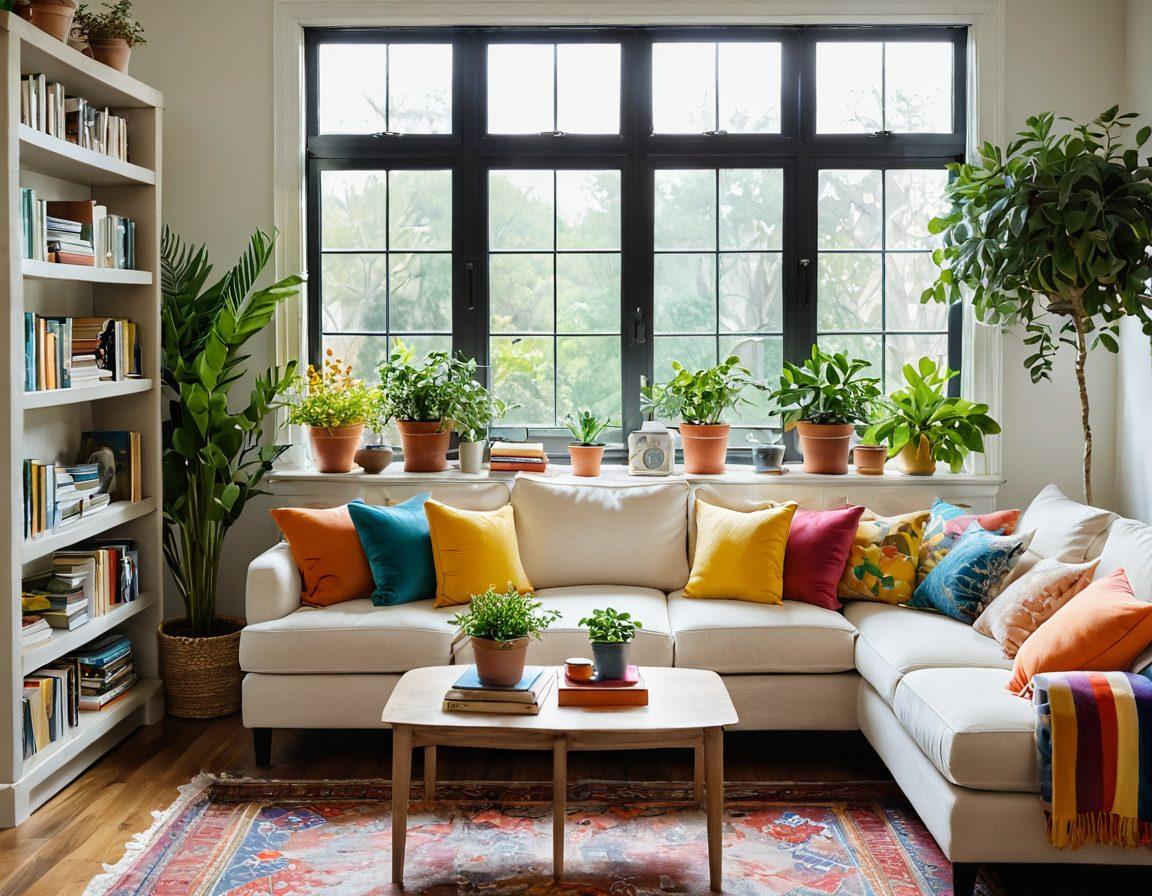 A serene, cozy living room filled with natural light, featuring a plush sofa adorned with colorful cushions, potted plants, and artfully arranged books. A window reveals a bright garden outside, symbolizing tranquility and joy. A warm color palette evokes happiness and comfort. super-realistic. vibrant colors. warm tones.